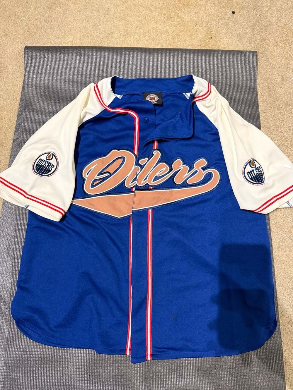 The Home Game Inc. Edmonton Oilers NHL Baseball Jersey Blue Beige Size M